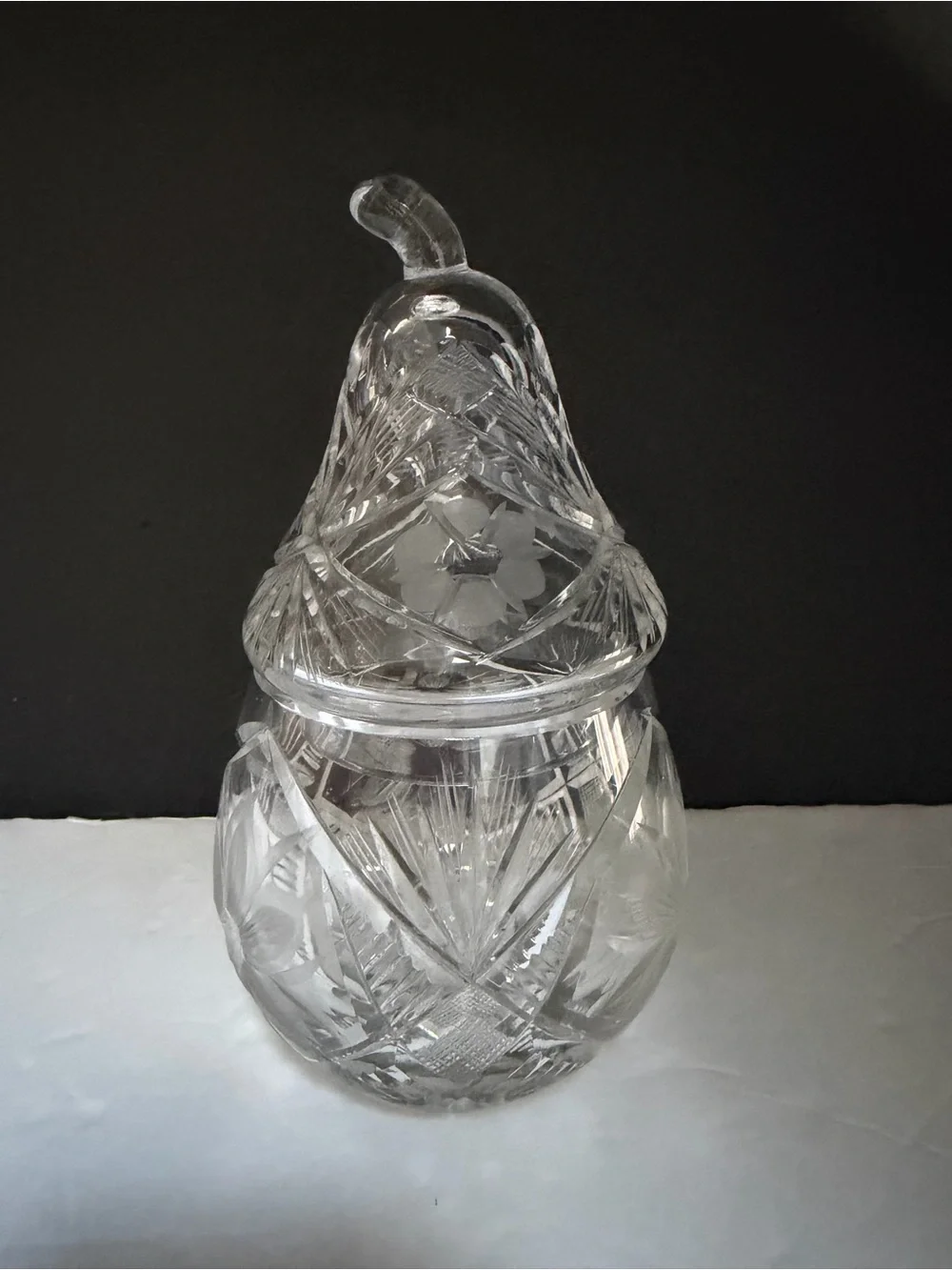 Cut Glass Pear-Shaped Covered Jar Candy Dish 6 3/4